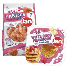 Jan hartjes poffertjes pak à 36 stuks
of witte choc framboos pancakes pak à 4 stuks